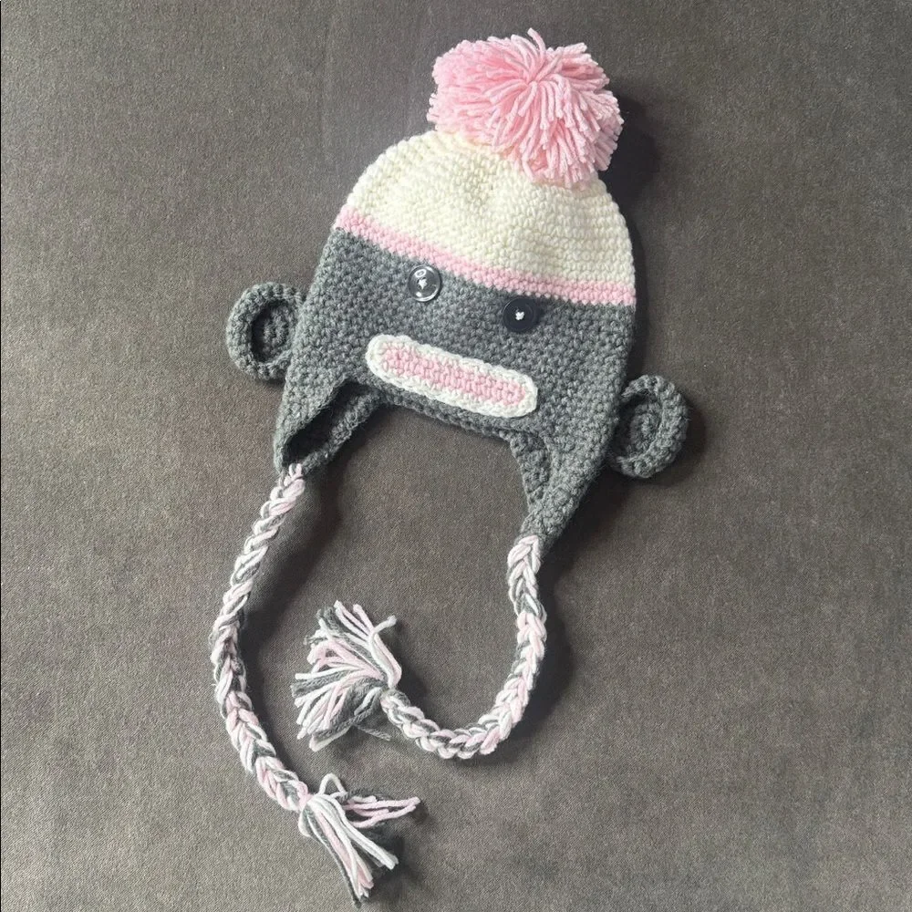 Daisy Baby Beanie Hat Sock Monkey Gray Pink Pom 12-24 months NEW